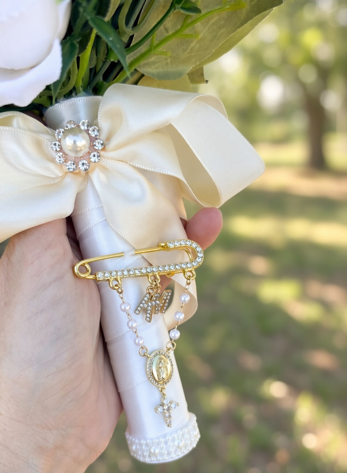 Wedding Bridal Bouquet charm; Religious cross and Virgin Mary Personalised Brooch gift