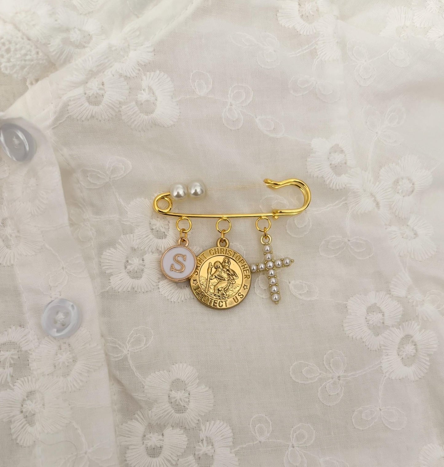 Catholic gift for baby, present for newborn, Gold safety pin brooch with personalized charms, Religious cross, St Christopher charm, Angel charm, pearl accessories. godparent gift, catholic baby gift, unique baby gift, safety pin, newborn keepsake, infant jewelry, godchild gift, baptism pin, religious keepsake, christening jewelry, catholic pin, meaningful gift, baby protection pin, personalised brooch, spiritual brooch, baby accessory, handcrafted pin, guardian pin, catholic keepsake