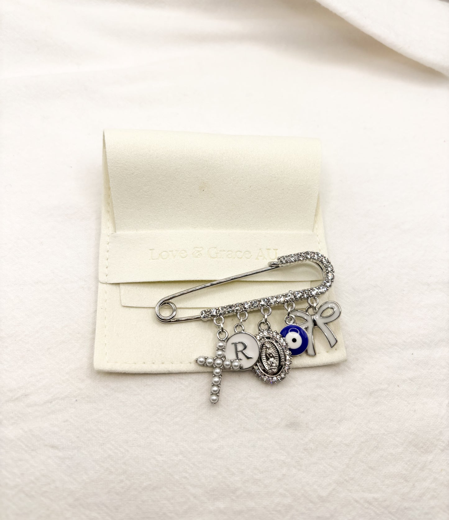 Large Silver Diamante Safety pin brooch - 5 loop