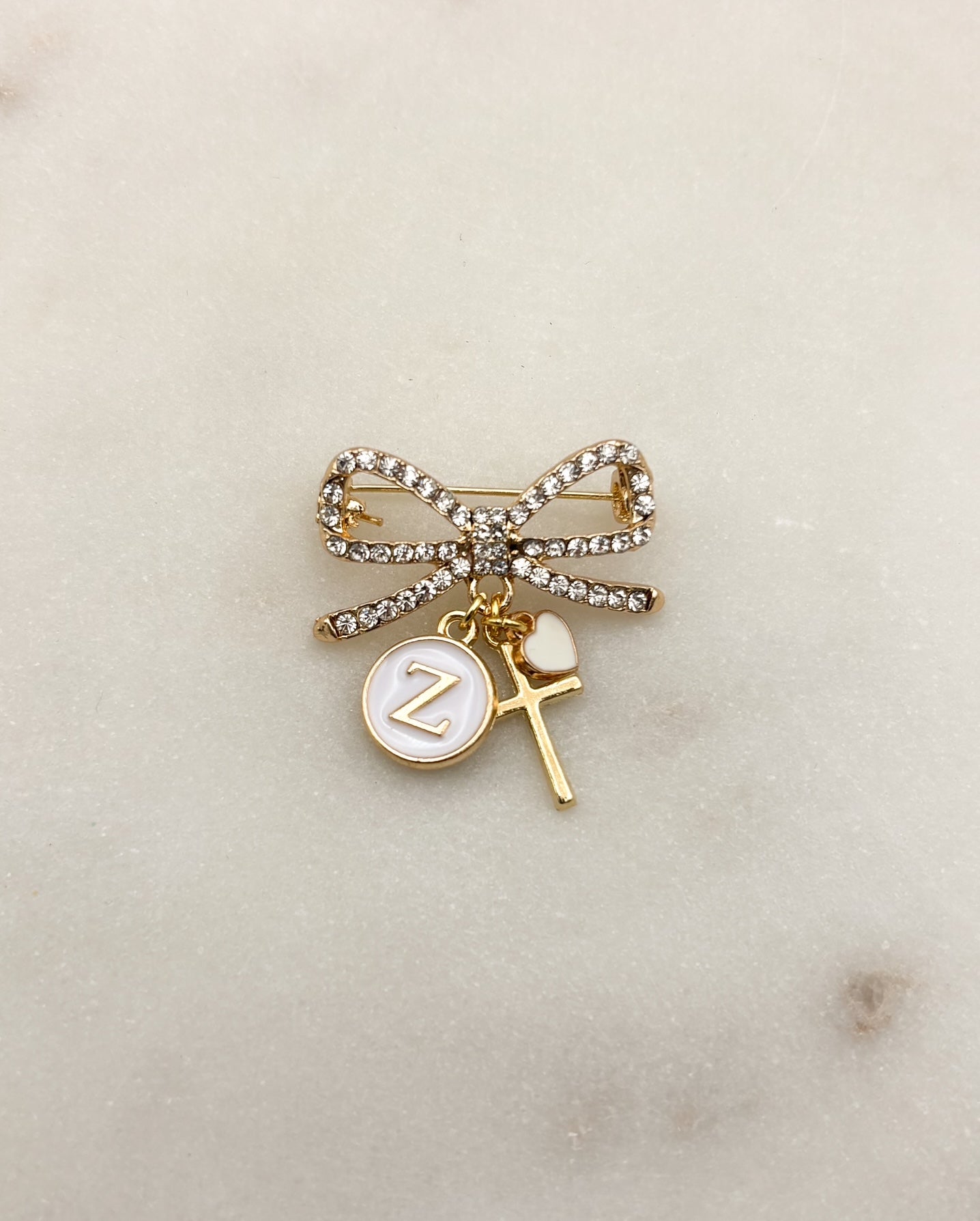 Gold Diamante bow brooch personalised baby keepsake pin