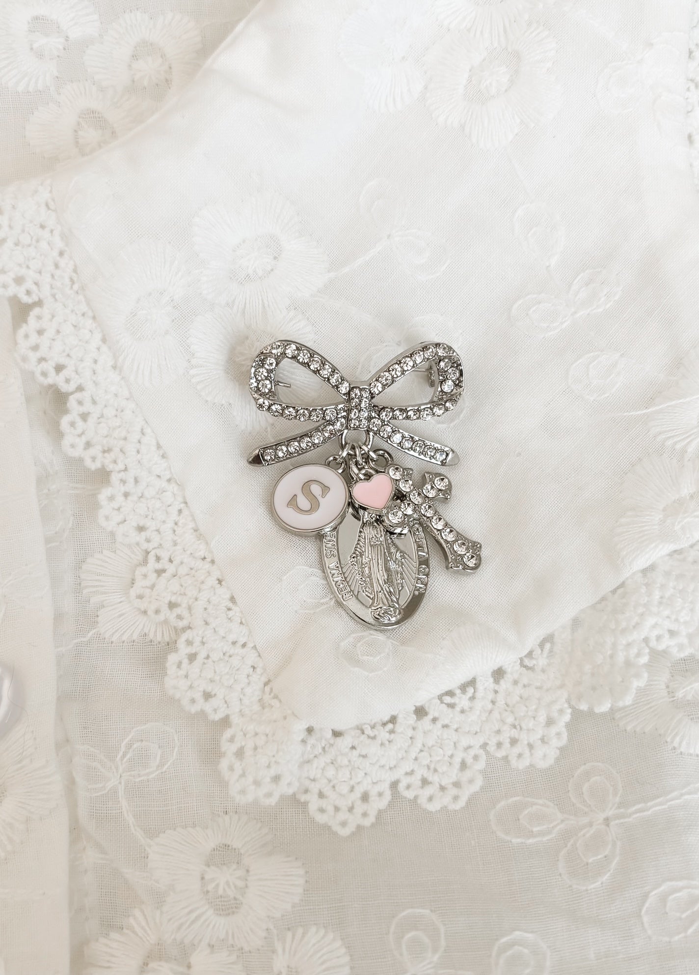 Silver Diamante bow brooch personalised baby keepsake pin
