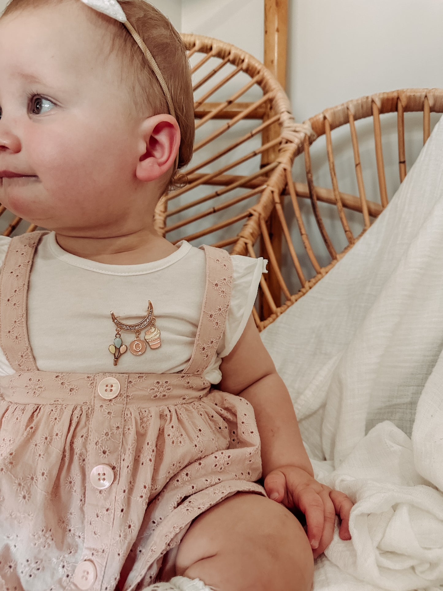 Personalised Gold Diamante half-moon Baby Keepsake Safety pin brooch