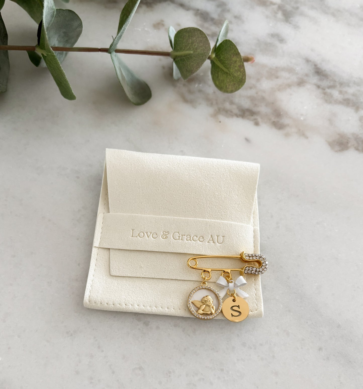 Gold Angel protection baby keepsake brooch