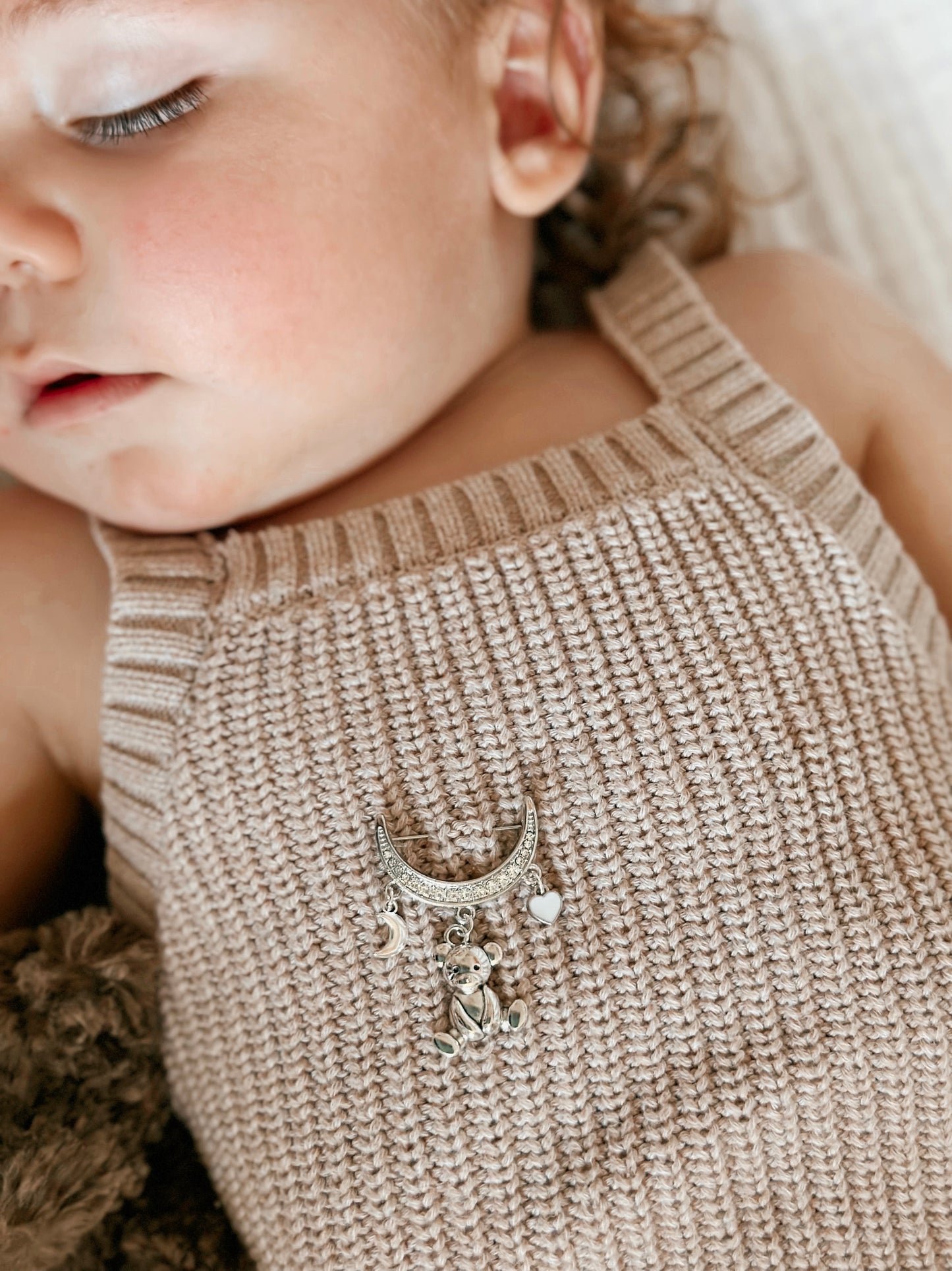 Personalised Silver Diamante half-moon Baby Keepsake Safety pin brooch