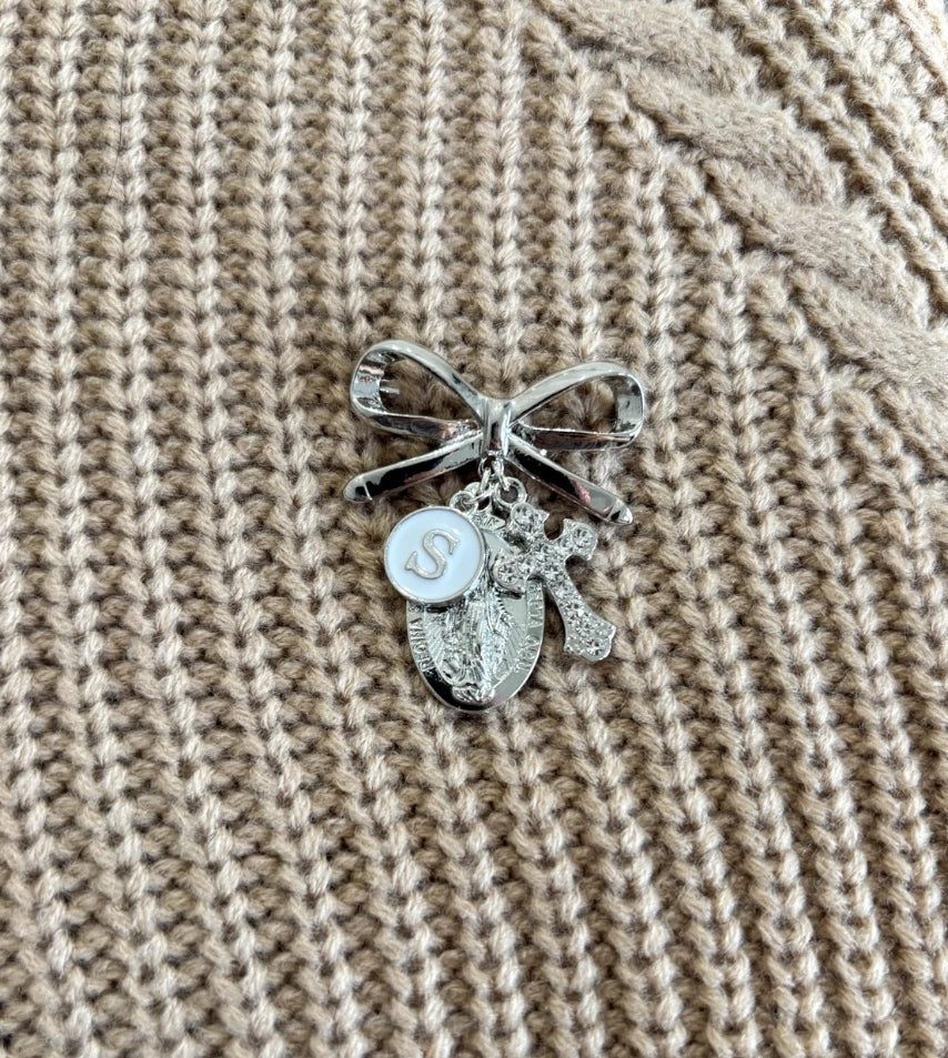 Catholic Virgin Mary Personalised Protection bow brooch - Silver
