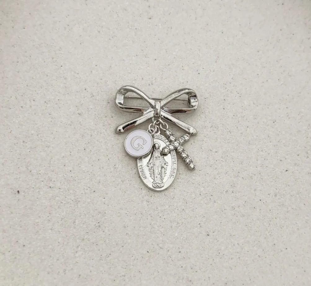 Catholic Virgin Mary Personalised Protection bow brooch - Silver