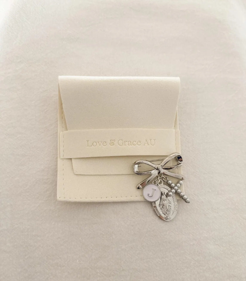 Catholic Virgin Mary Personalised Protection bow brooch - Silver