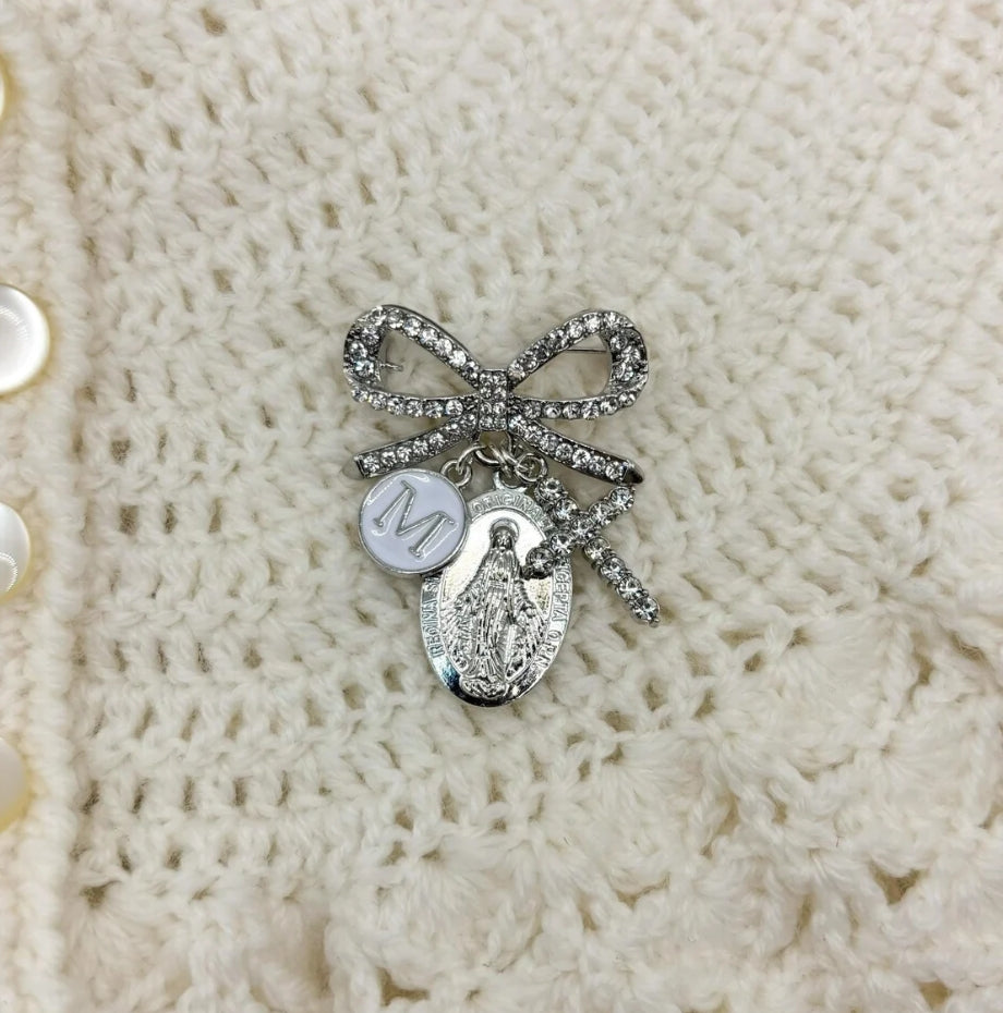 Silver Diamante bow brooch personalised baby keepsake pin