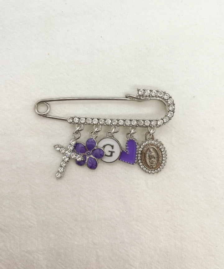 Large Silver Diamante Safety pin brooch - 5 loop