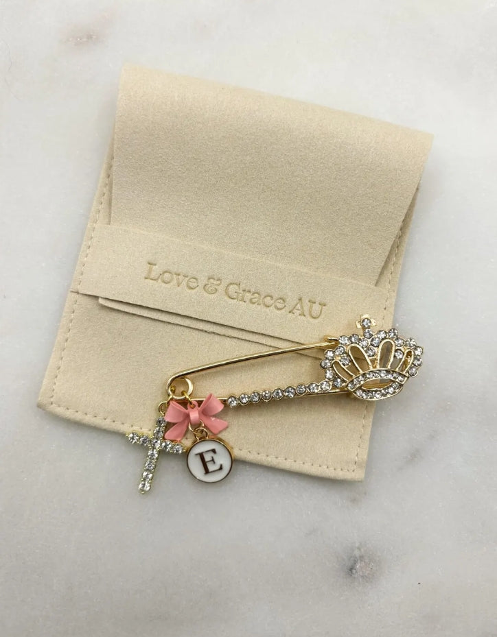Gold Crown Diamante brooch personalised baby keepsake pin