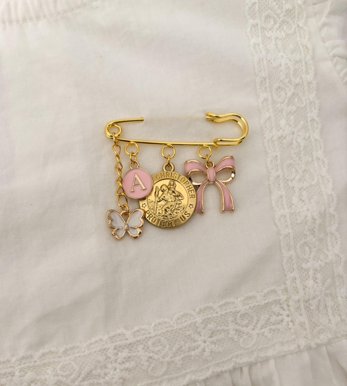 Gold St Christopher personalised Baby keepsake pin