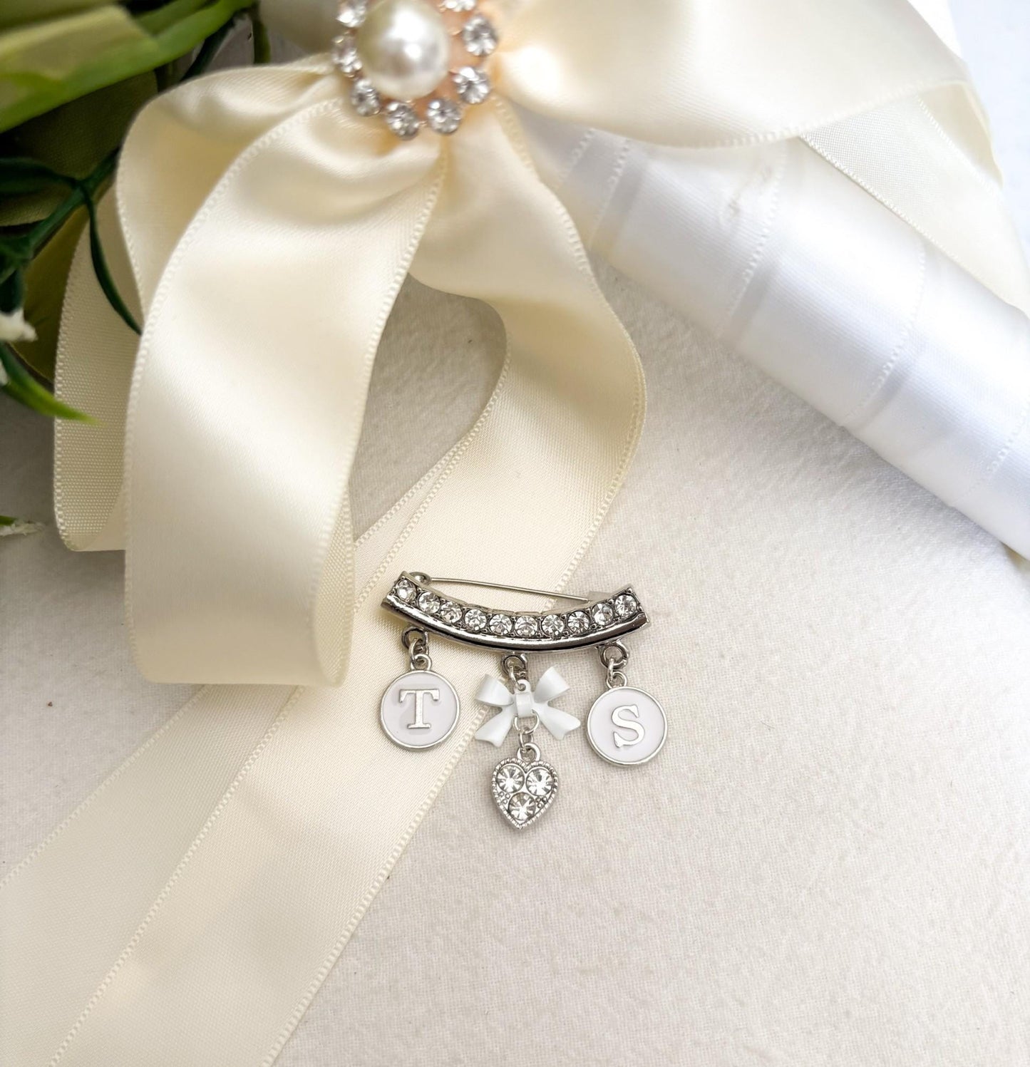 Personalised Silver Diamante Wedding Brooch with Initials & Heart Charm