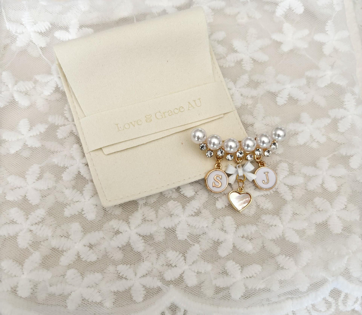 Personalized Wedding Brooch: Initial Charms, Pearl Heart, Diamante Pin