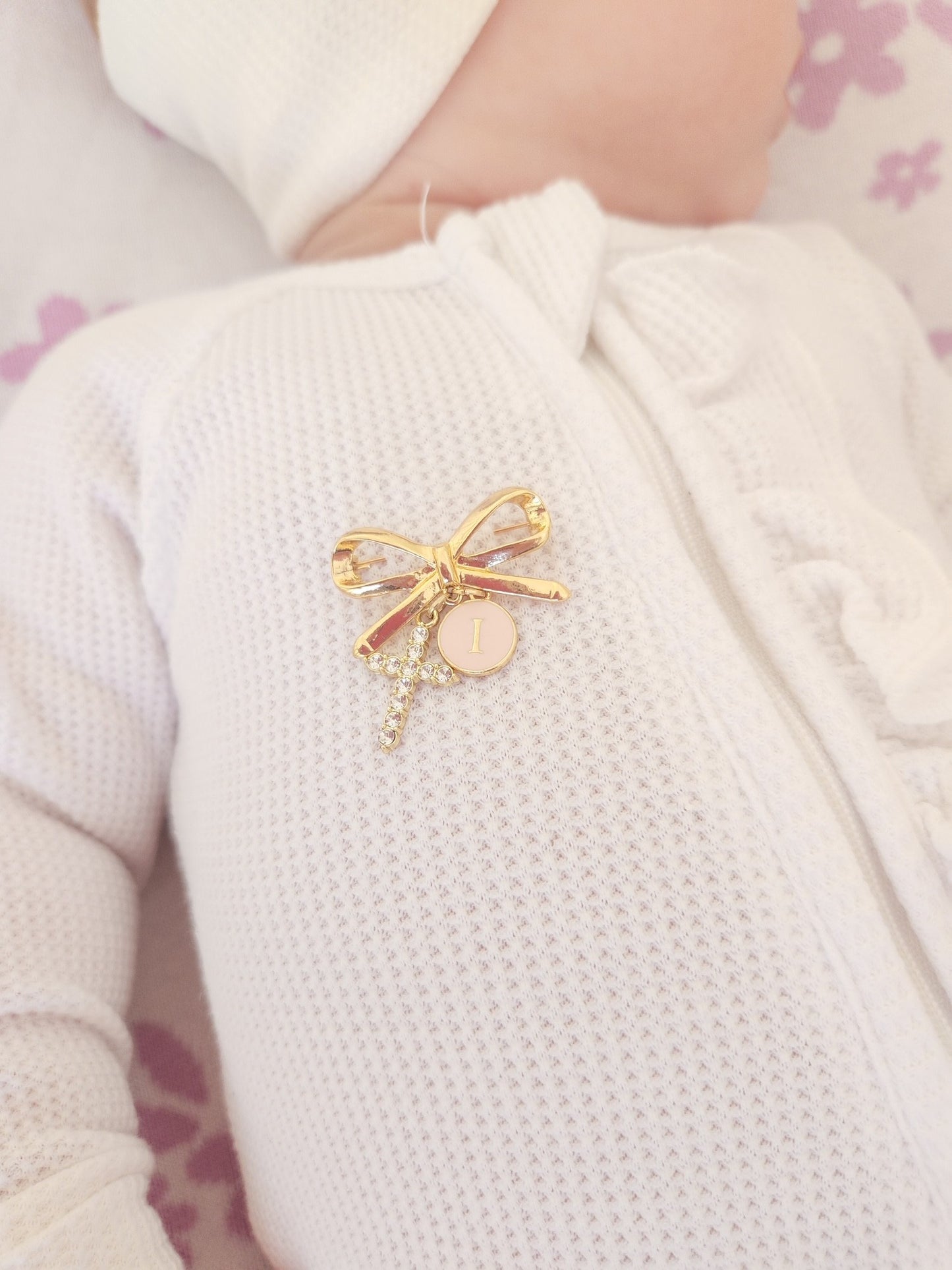 Gold bow brooch personalised baby keepsake pin