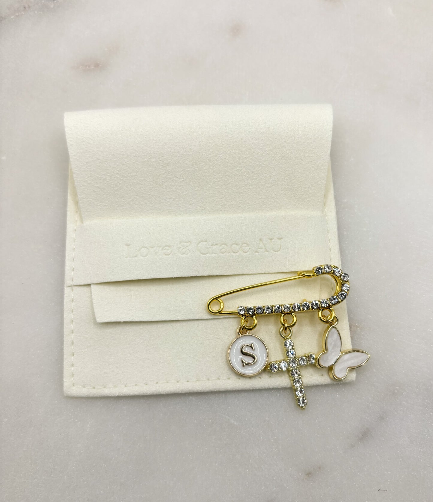 Small Gold Diamante Baby Keepsake pin brooch - 3 loop