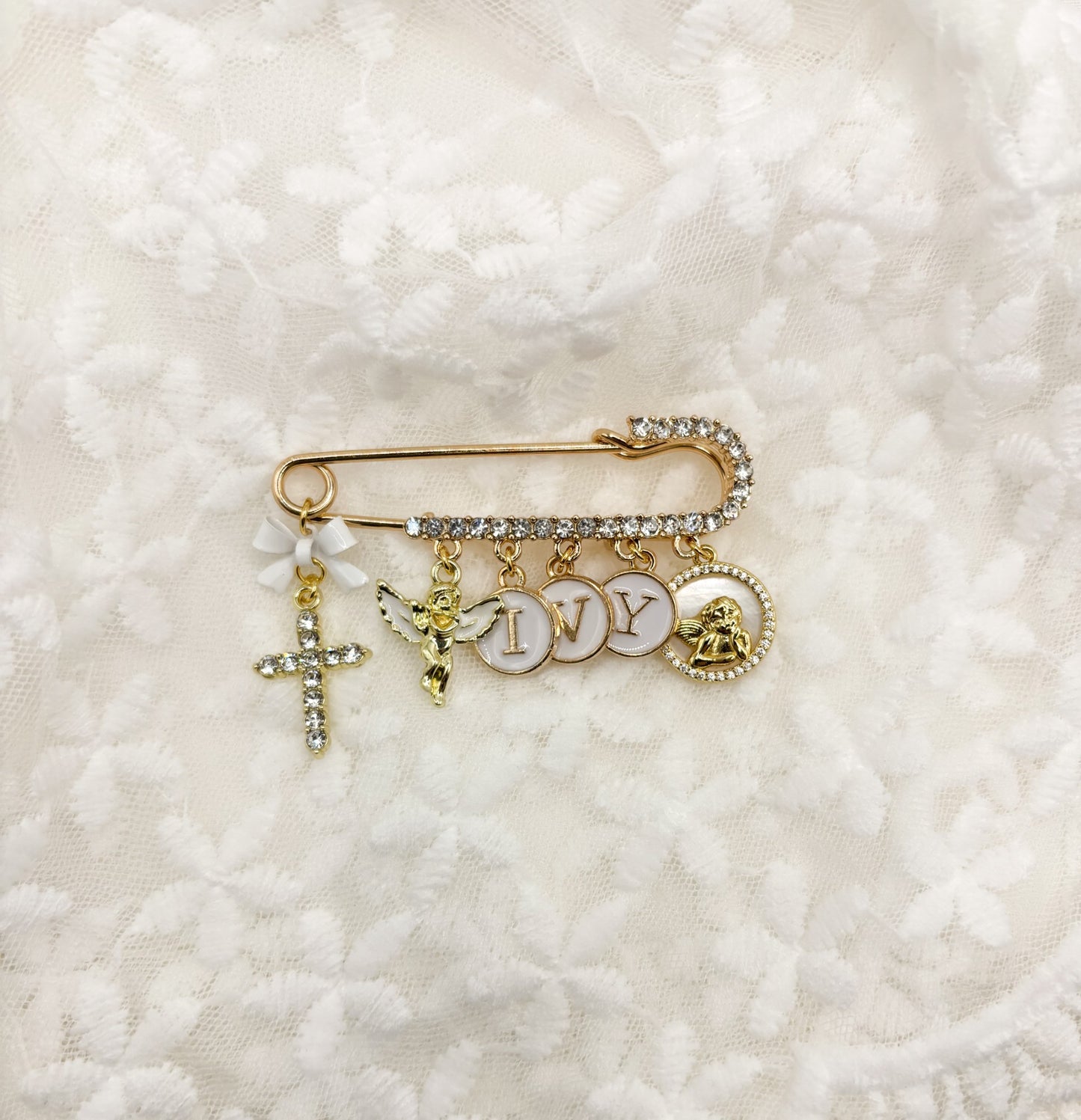 Large Gold Diamante Safety pin brooch - 5 loop