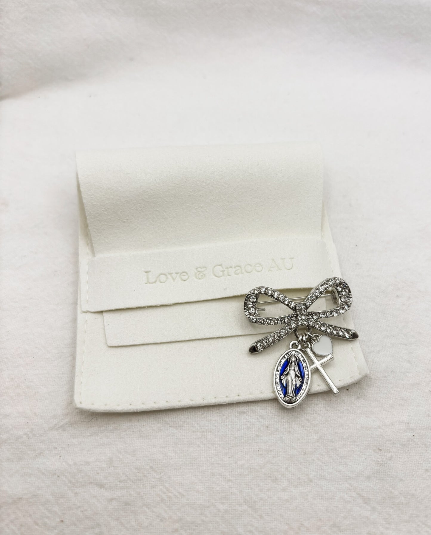 Silver Diamante bow brooch personalised baby keepsake pin