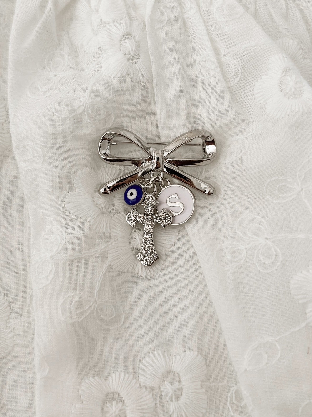 Silver bow brooch personalised baby keepsake pin