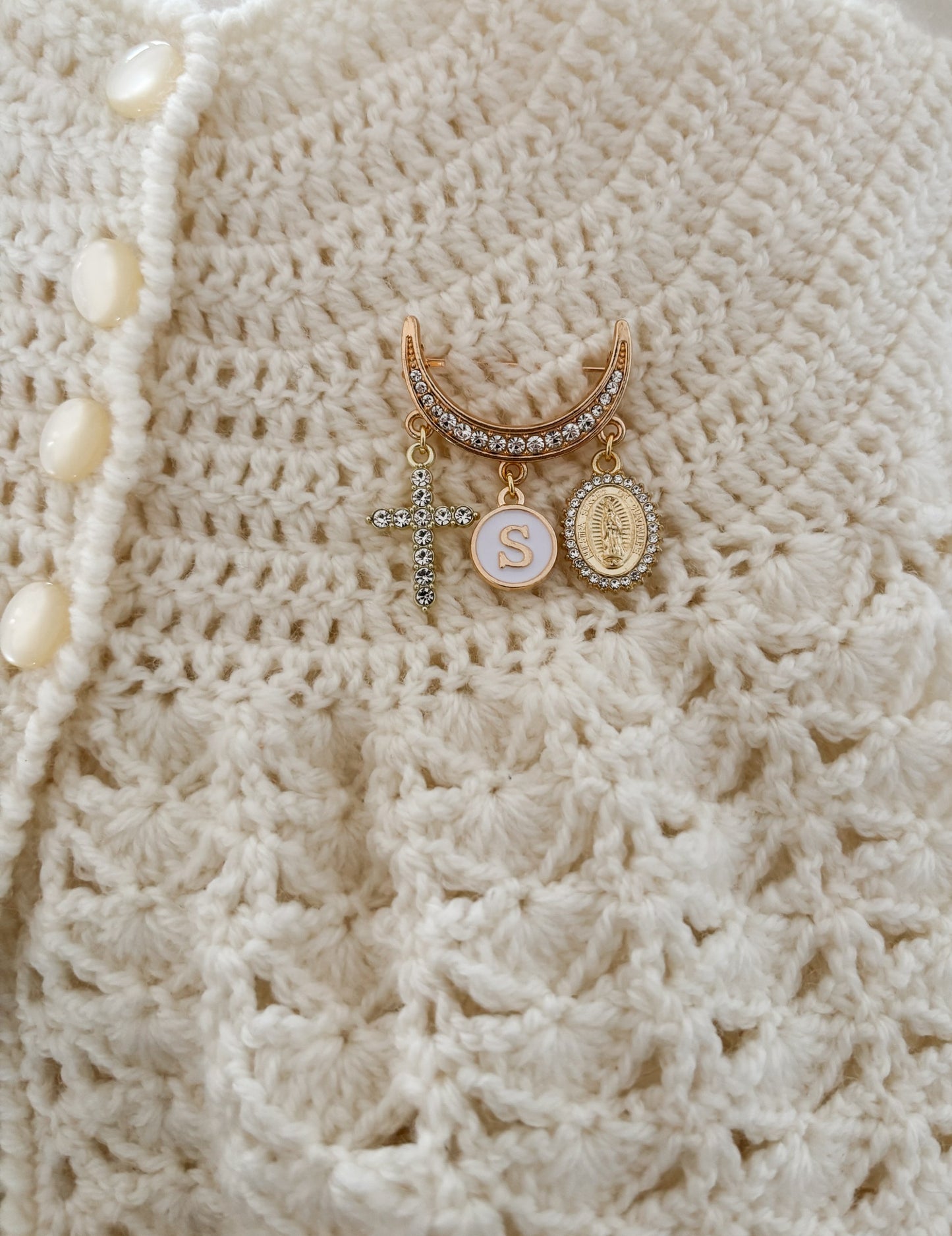 Personalised Gold Diamante half-moon Baby Keepsake Safety pin brooch