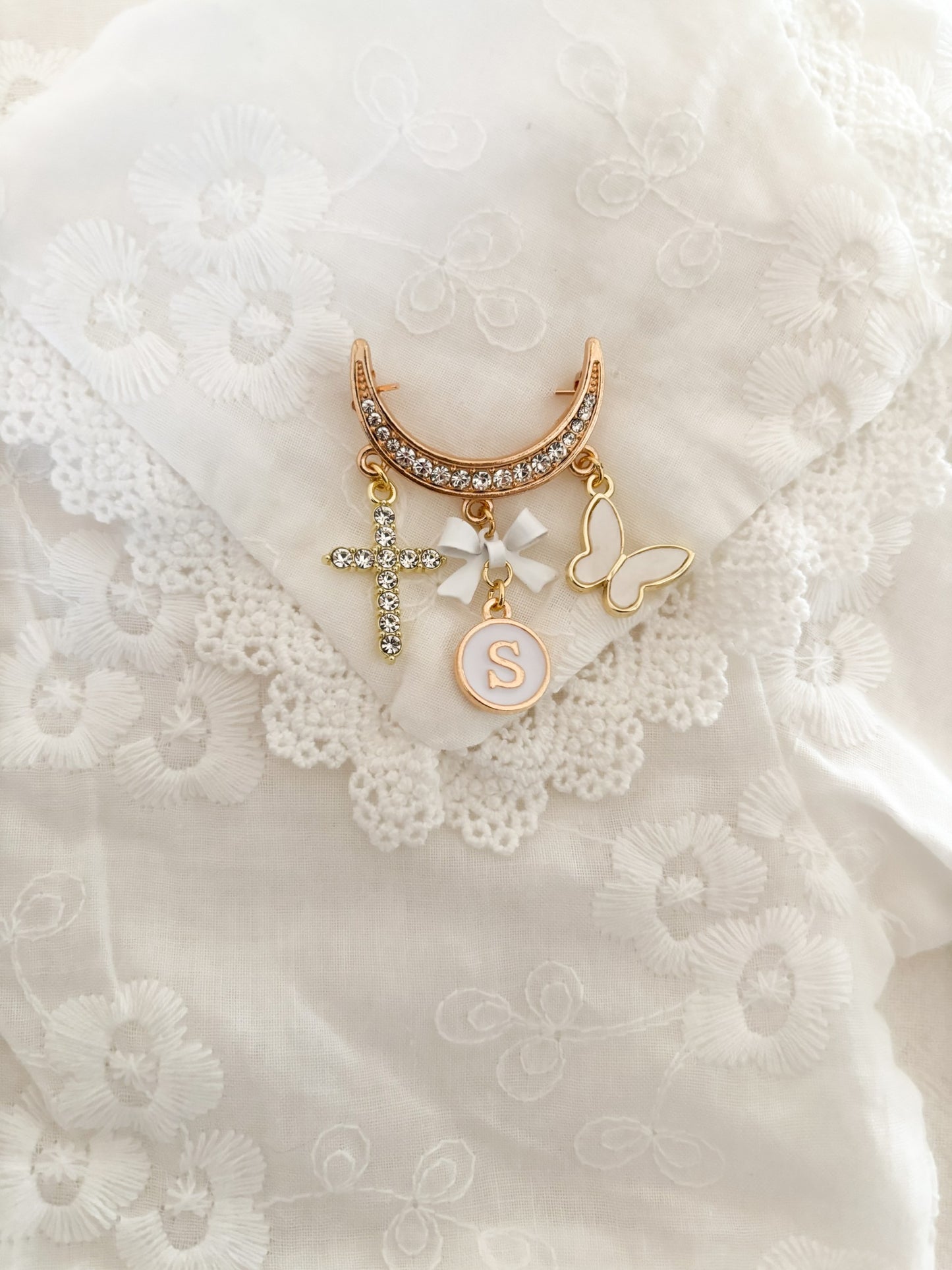 Personalised Gold Diamante half-moon Baby Keepsake Safety pin brooch