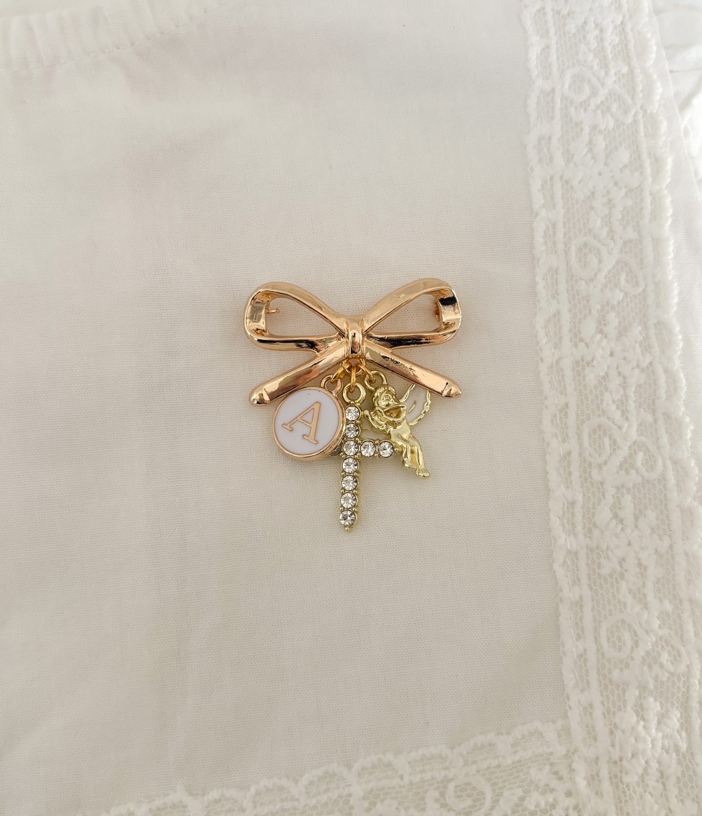 Gold bow brooch personalised baby keepsake pin
