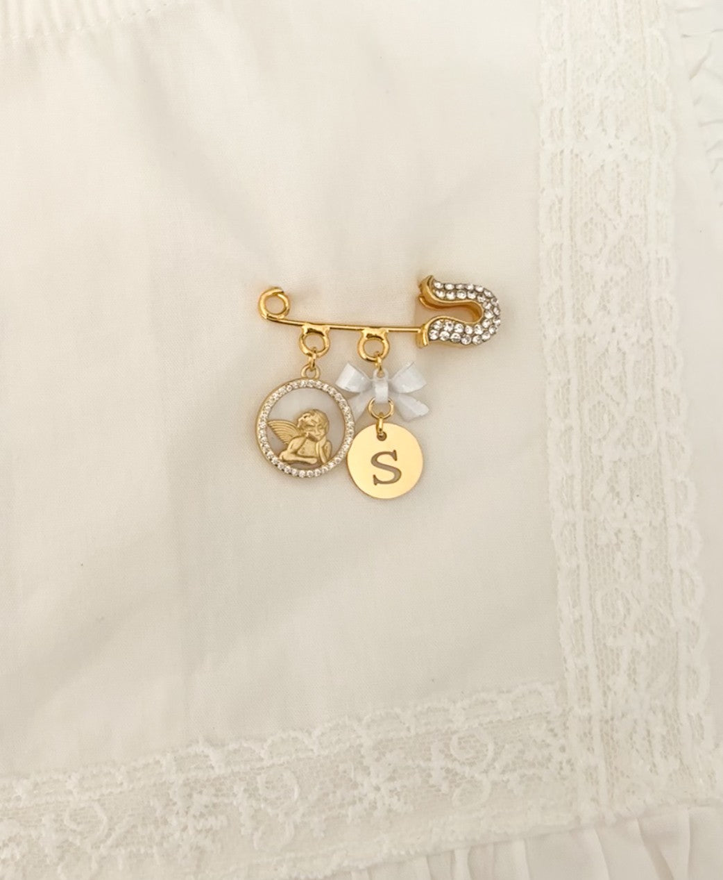 Gold Angel protection baby keepsake brooch