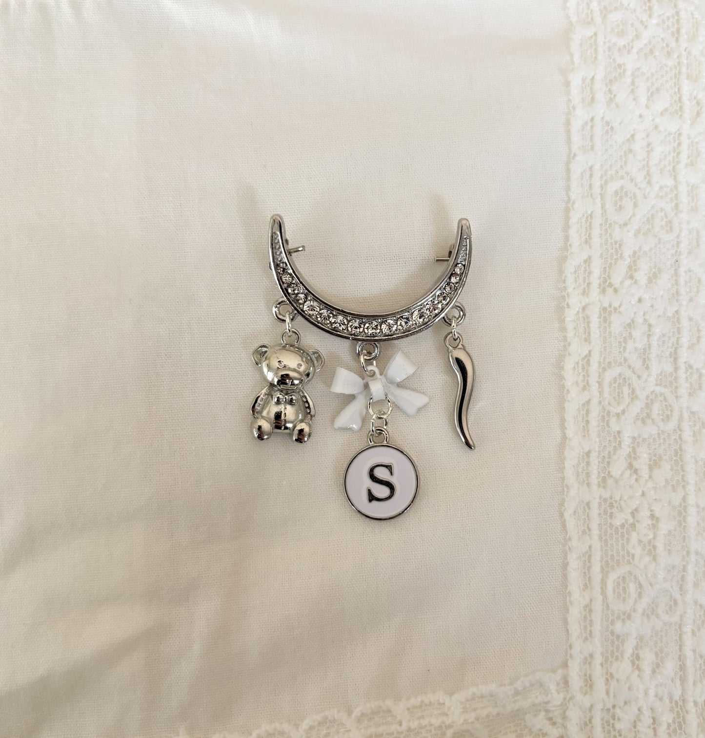 Personalised Silver Diamante half-moon Baby Keepsake Safety pin brooch