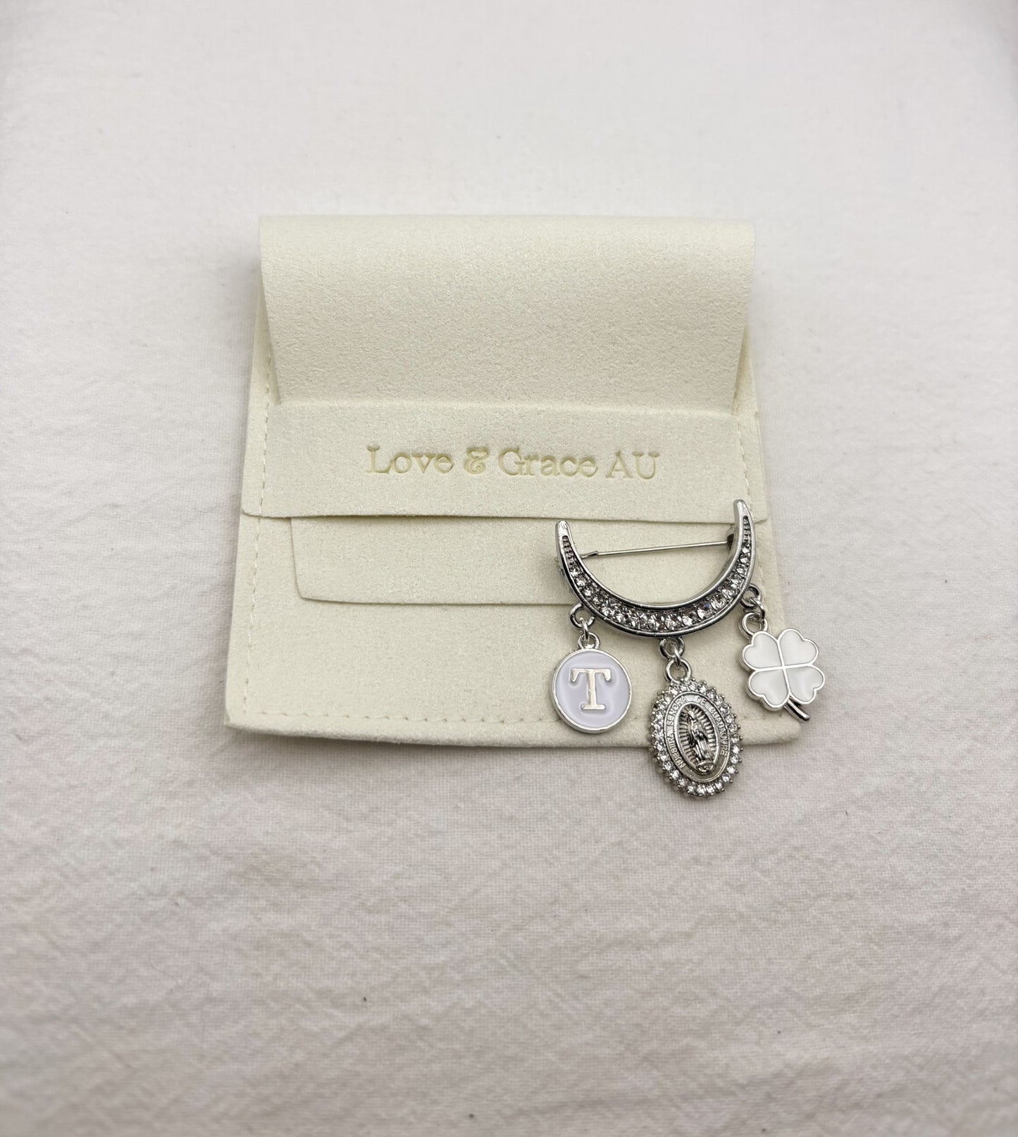 Personalised Silver Diamante half-moon Baby Keepsake Safety pin brooch