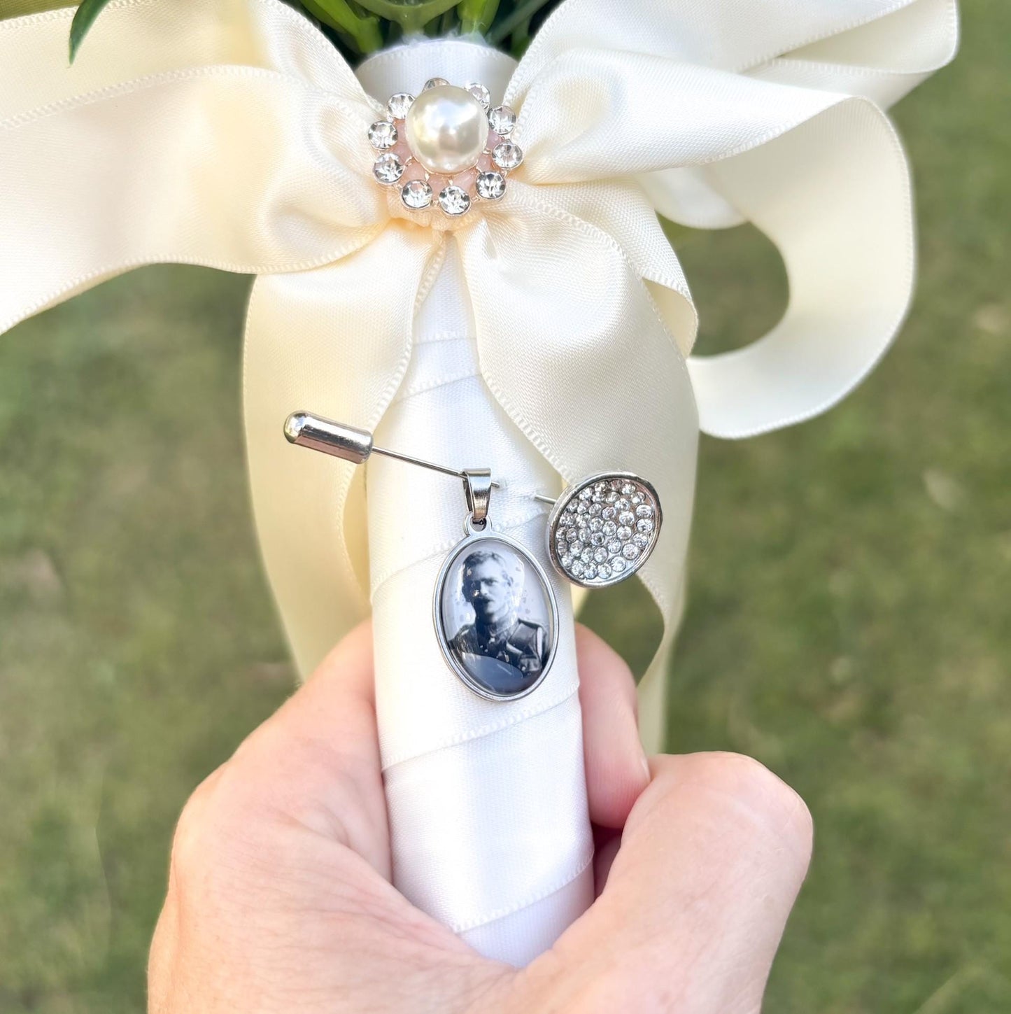 Personalized Wedding Bouquet Photo Charm; Silver Bridal Keepsake Pin