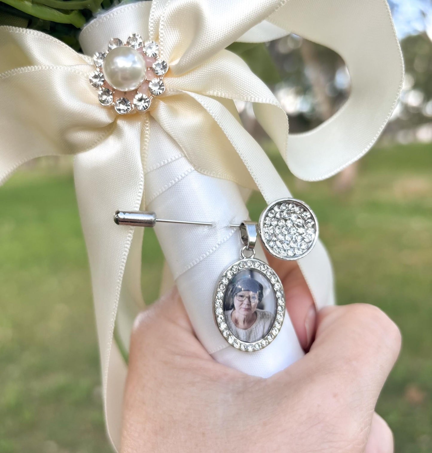 Personalized Wedding Bouquet Photo Charm; Silver Bridal Keepsake Pin