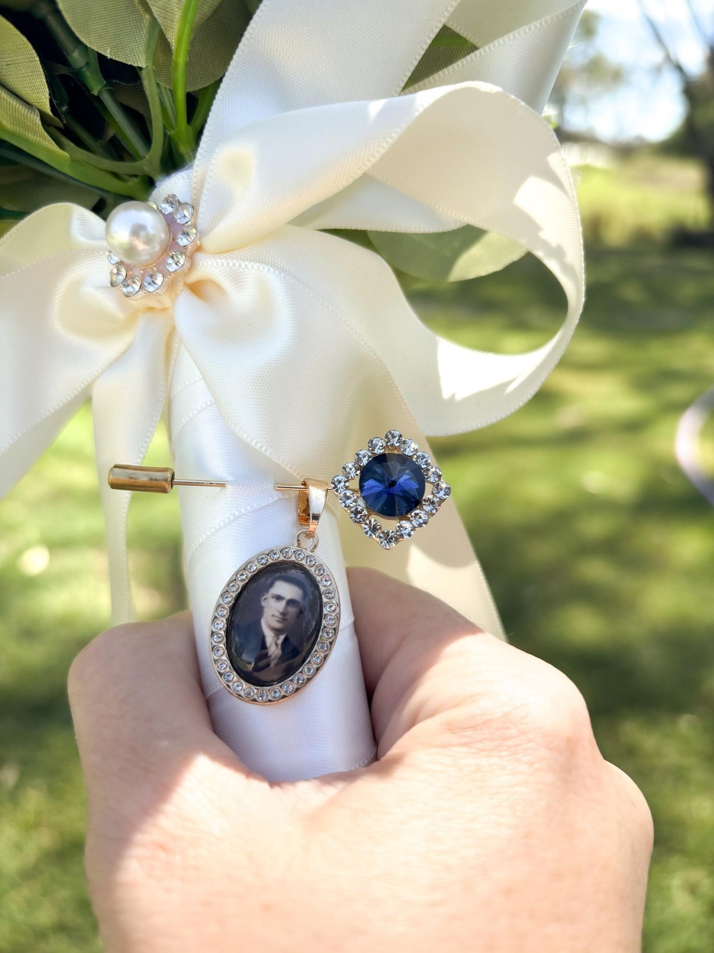 Wedding Bouquet photo charm with Gold Diamante pin