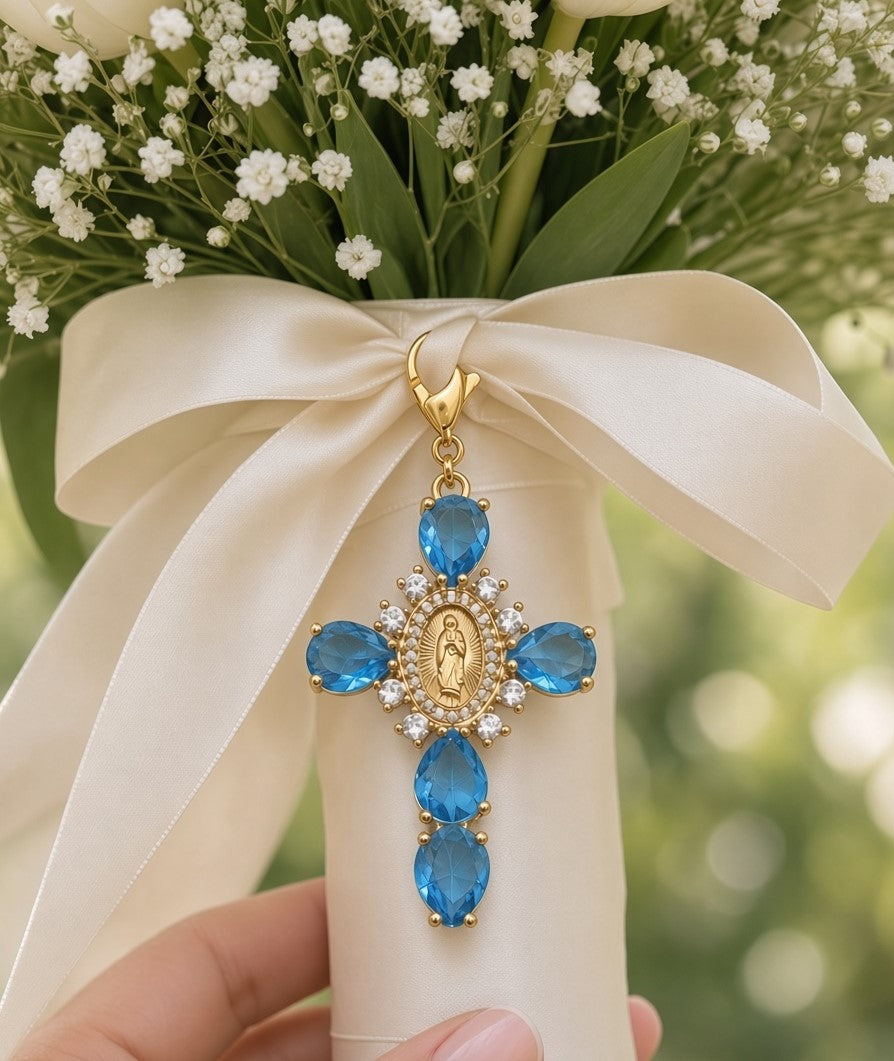 Catholic Bridal Bouquet Charm | Virgin Mary Cross | Wedding Day Gift for Bride