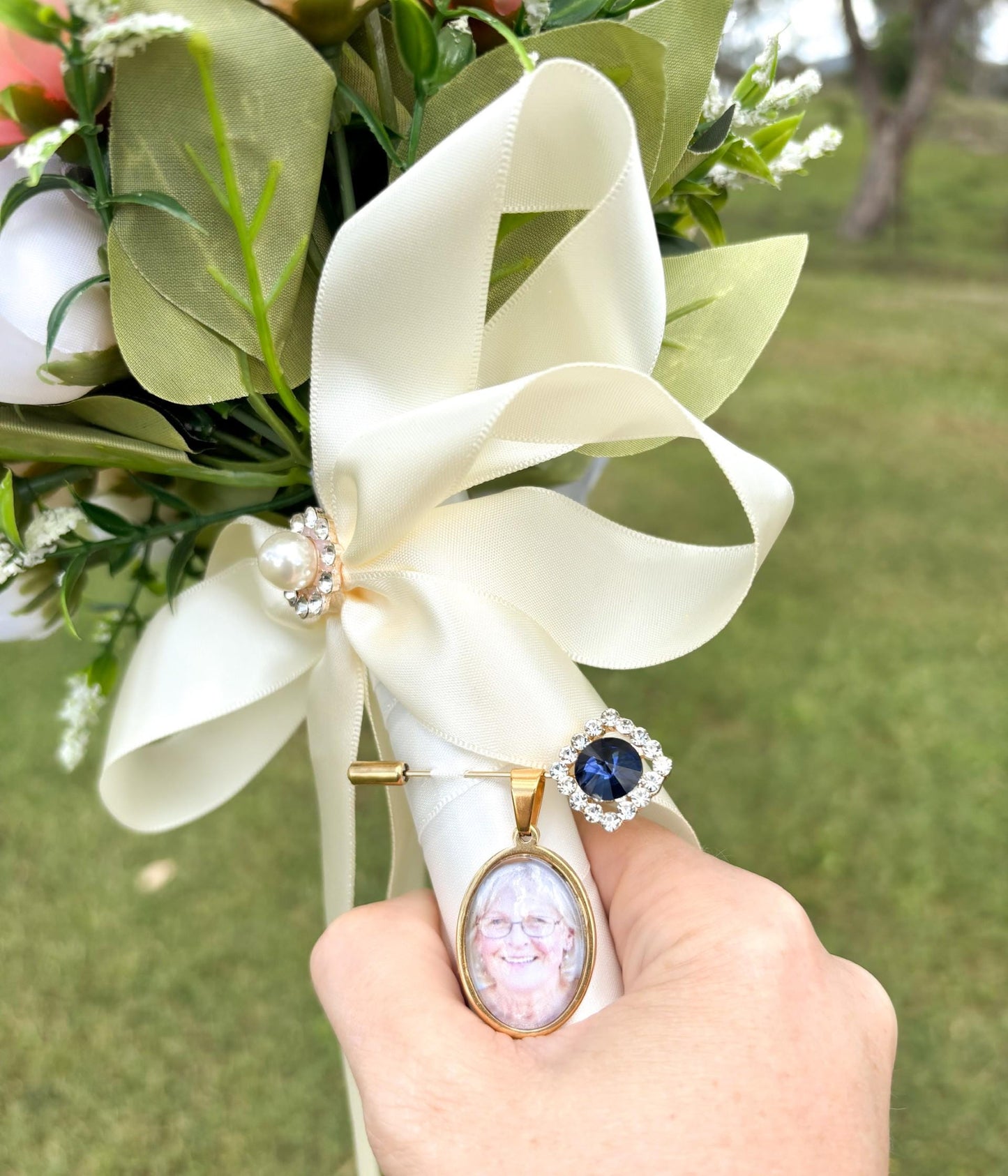Wedding Bouquet photo charm with Gold Diamante pin