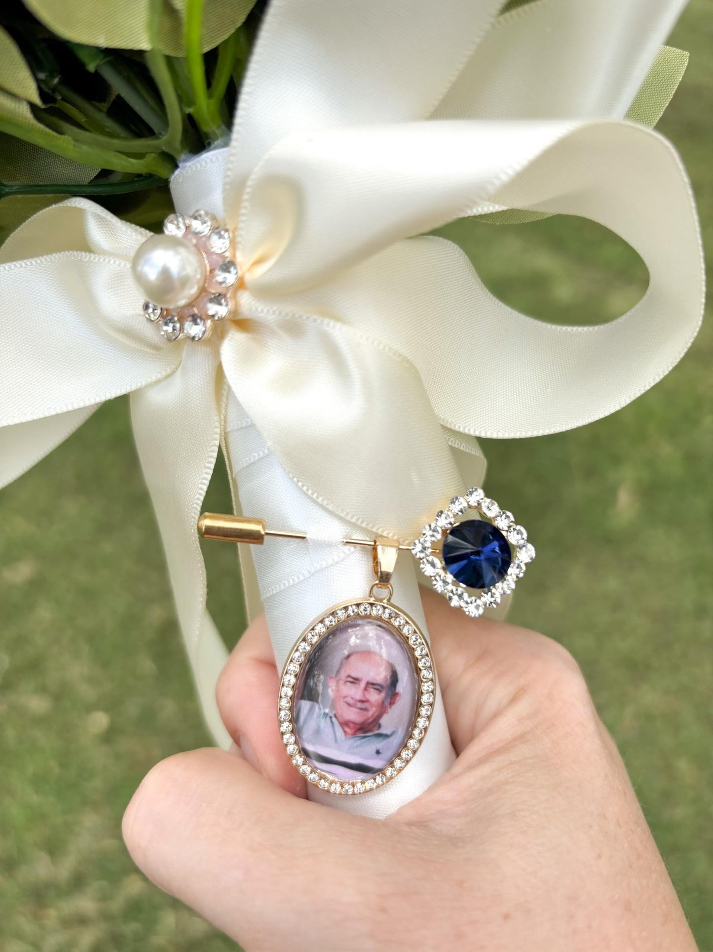 Wedding Bouquet photo charm with Gold Diamante pin