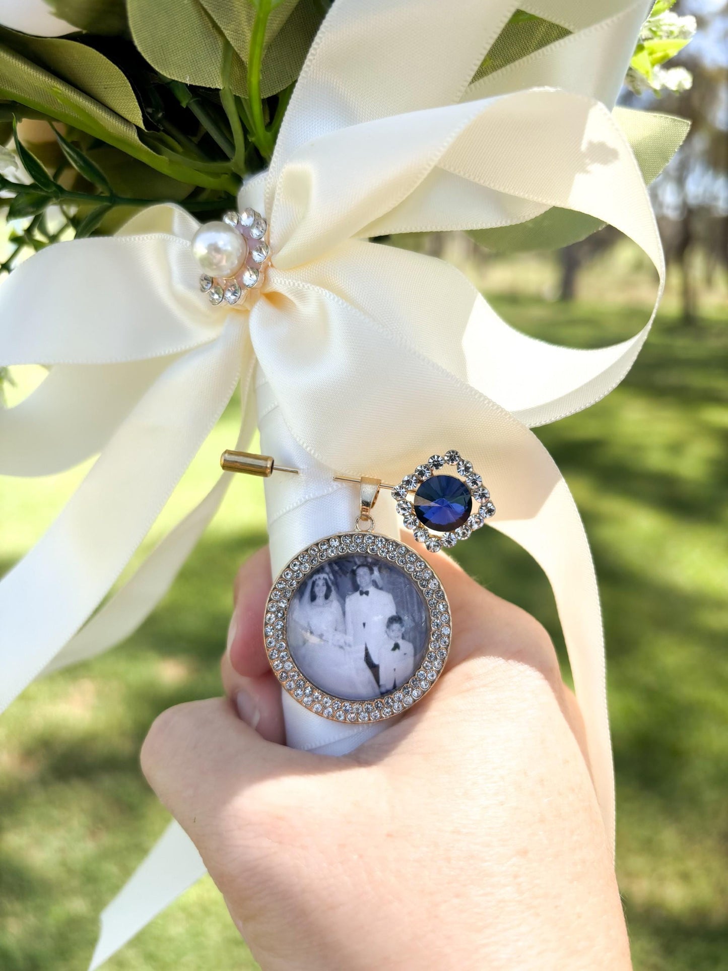 Wedding Bouquet photo charm with Gold Diamante pin