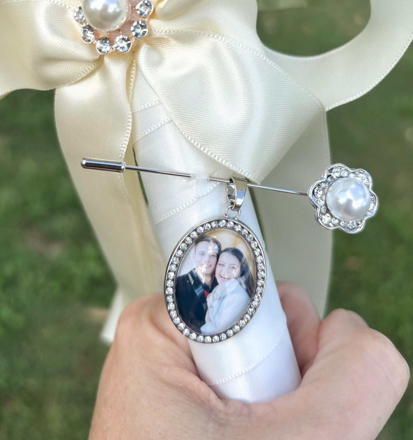 Personalized Wedding Bouquet Photo Charm; Silver Bridal Keepsake Pin