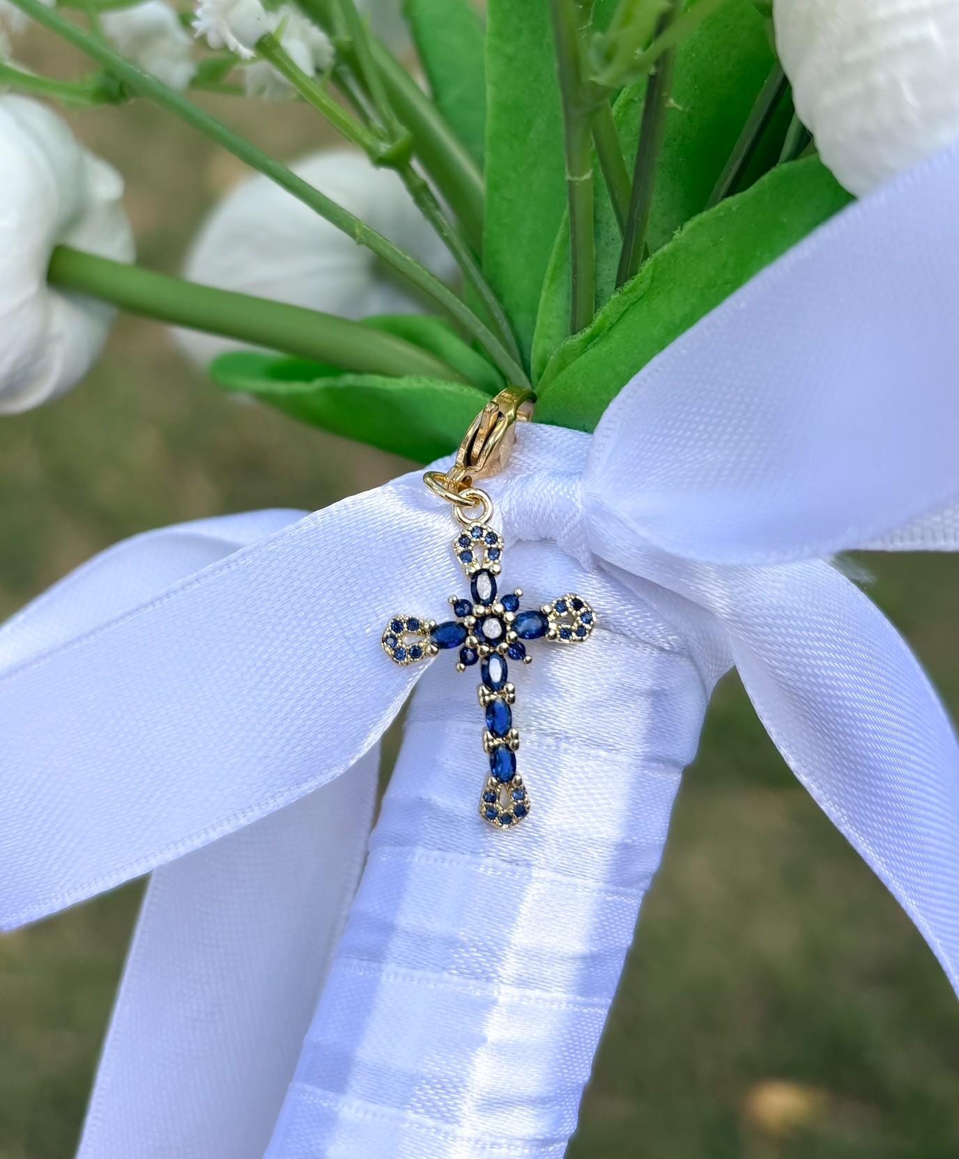 Religious Cross Bridal Bouquet Charm - Something Blue Wedding Day Gift