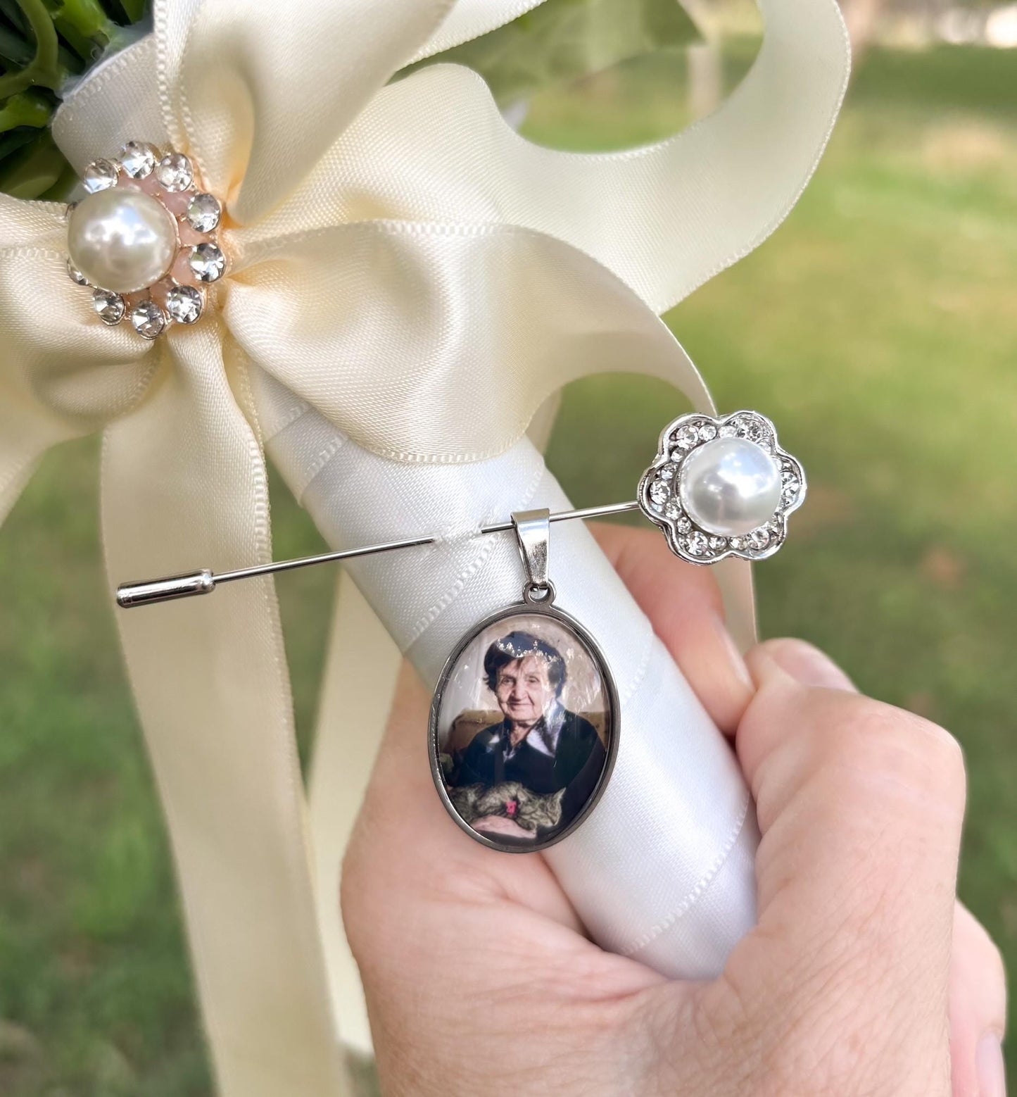 Personalized Wedding Bouquet Photo Charm; Silver Bridal Keepsake Pin