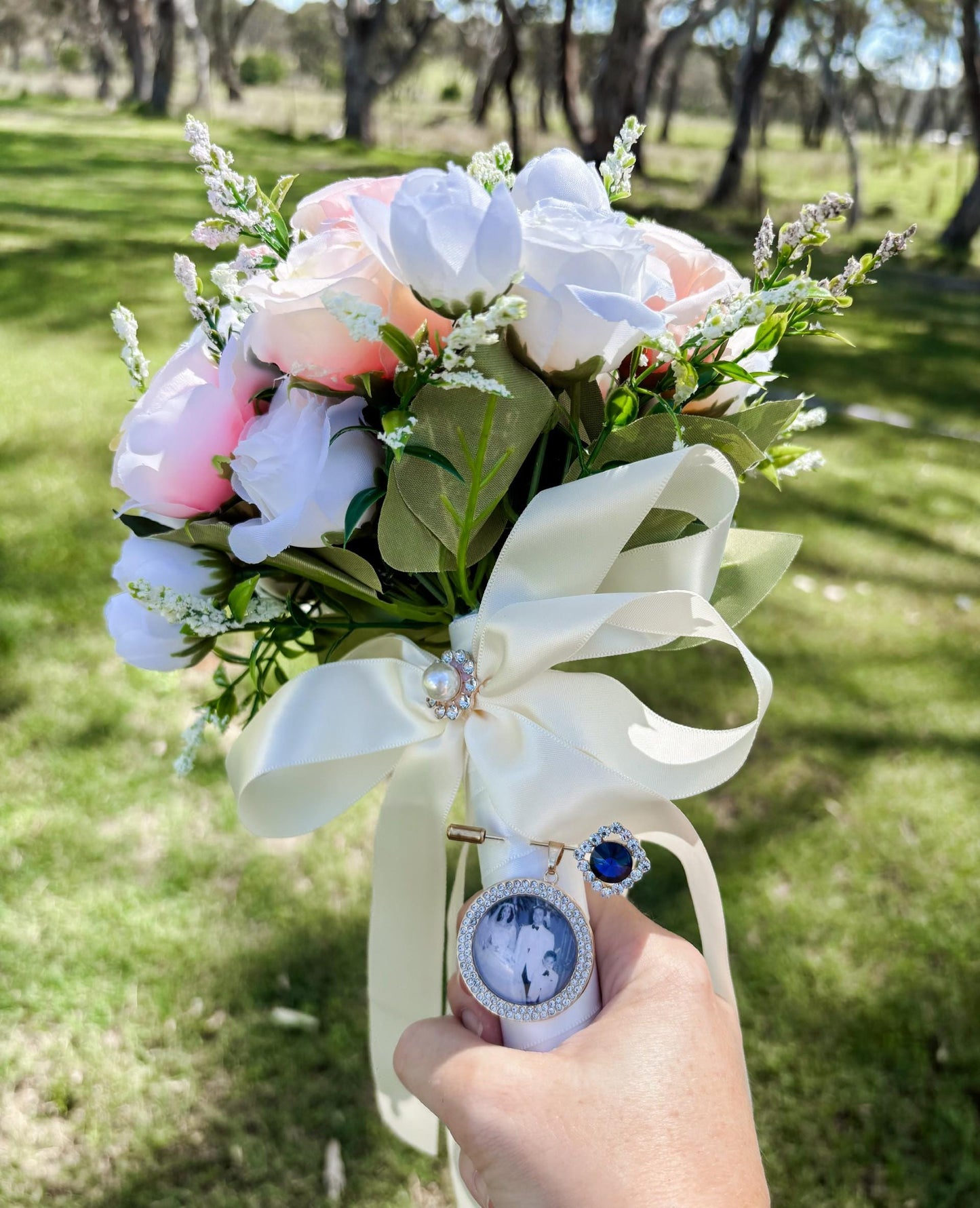 Wedding Bouquet photo charm with Gold Diamante pin