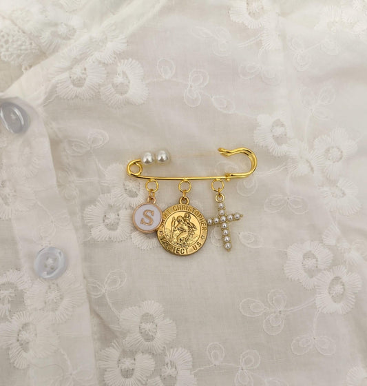 Catholic gift for baby, present for newborn, Gold safety pin brooch with personalized charms, Religious cross, St Christopher charm, Angel charm, pearl accessories. godparent gift, catholic baby gift, unique baby gift, safety pin, newborn keepsake, infant jewelry, godchild gift, baptism pin, religious keepsake, christening jewelry, catholic pin, meaningful gift, baby protection pin, personalised brooch, spiritual brooch, baby accessory, handcrafted pin, guardian pin, catholic keepsake