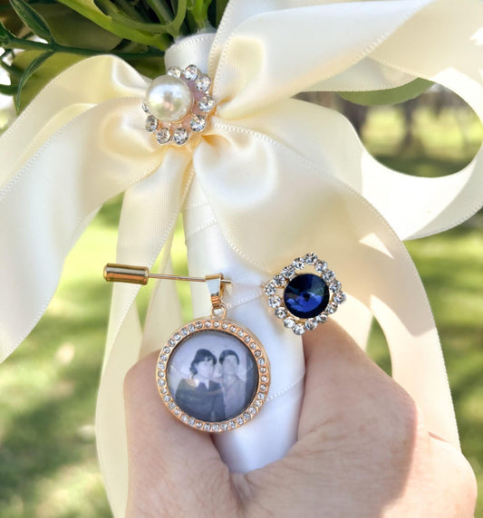 Wedding Bouquet photo charm with Gold Diamante pin