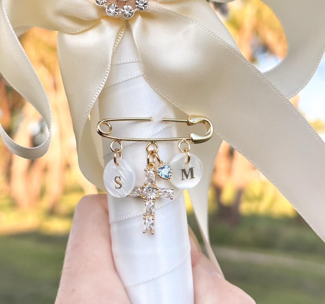 Personalized Bouquet Pin Wedding Keepsake Bridal Accessory Something Blue Tradition Gold Safety Pin Crystal Heart Charm Custom Initial Detail Rhinestone Cross Decoration Wedding Memory Item Bridal Shower Gift Sentimental Bouquet Addition