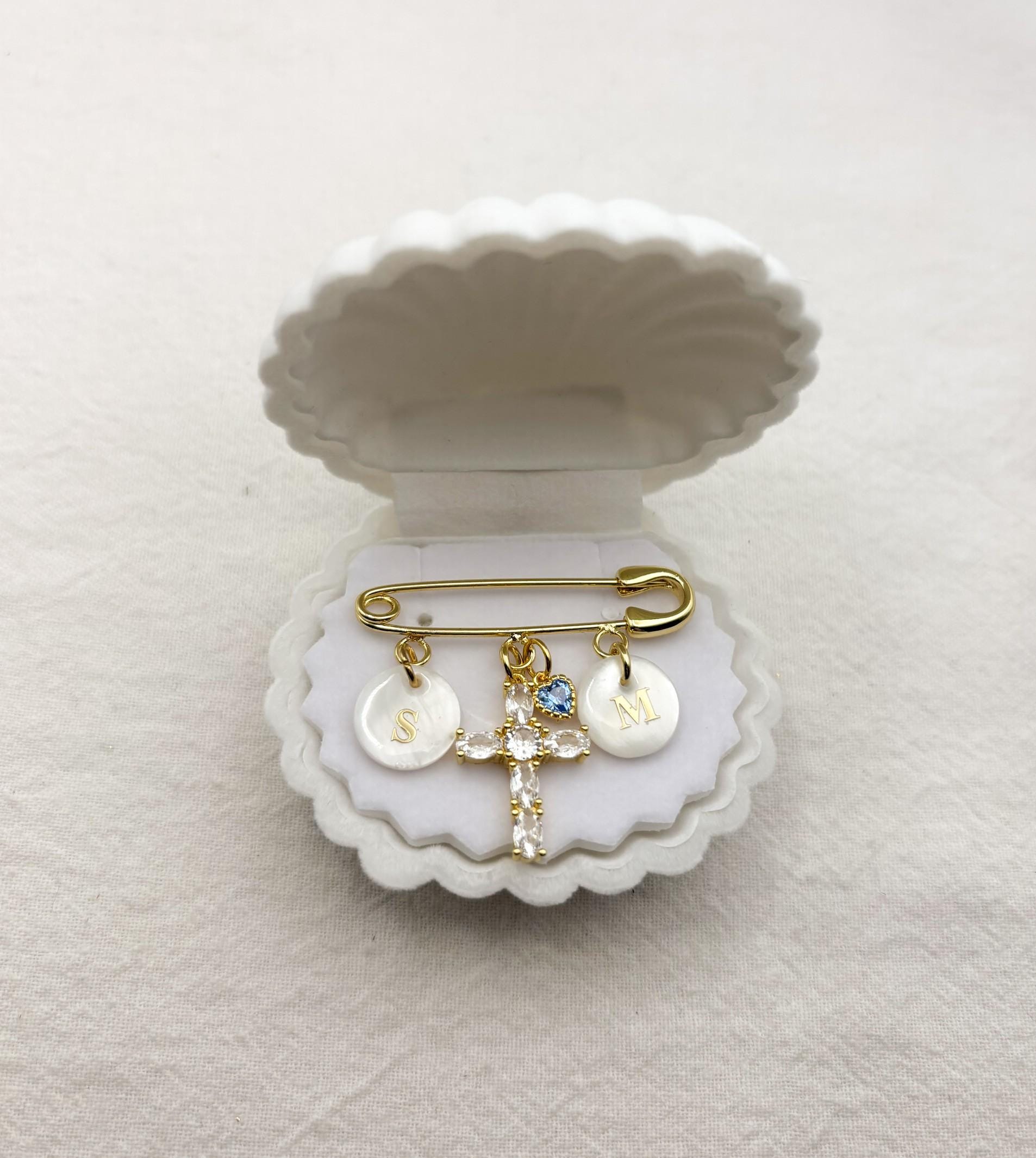 Gold Bouquet Pin Personalized Wedding Keepsake Bridal Memory Item Something Blue Tradition Crystal Heart Charm Custom Initial Detail Rhinestone Cross Element Wedding Day Essential Elegant Accessory Design Special Occasion Jewelry