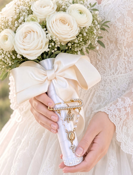 Gold bridal bouquet brooch with crystal personalised Bride and Groom initials, Virgin Mary medal, pearl chains and cross pinned to a cream ribbon-wrapped wedding bouquet