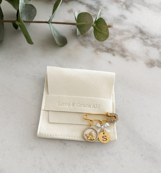 Gold Angel protection baby keepsake brooch