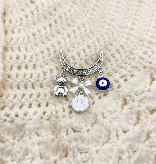 Personalised Silver Diamante half-moon Baby Keepsake Safety pin brooch