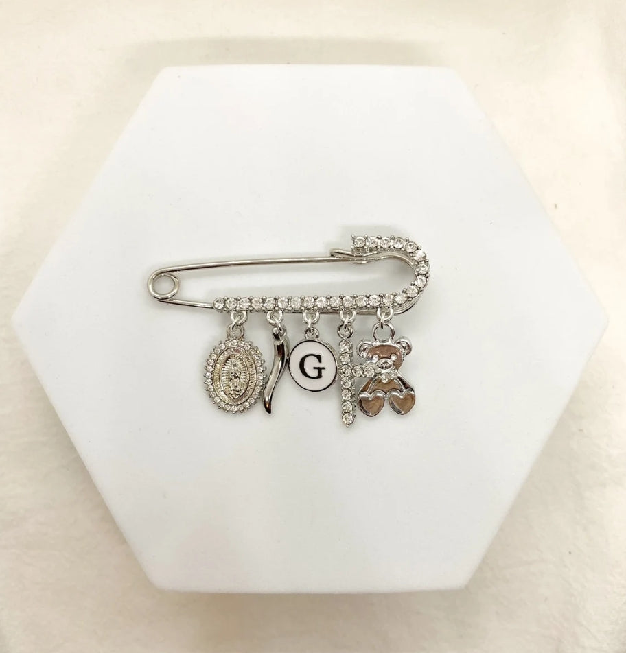 Large Silver Diamante Safety pin brooch - 5 loop