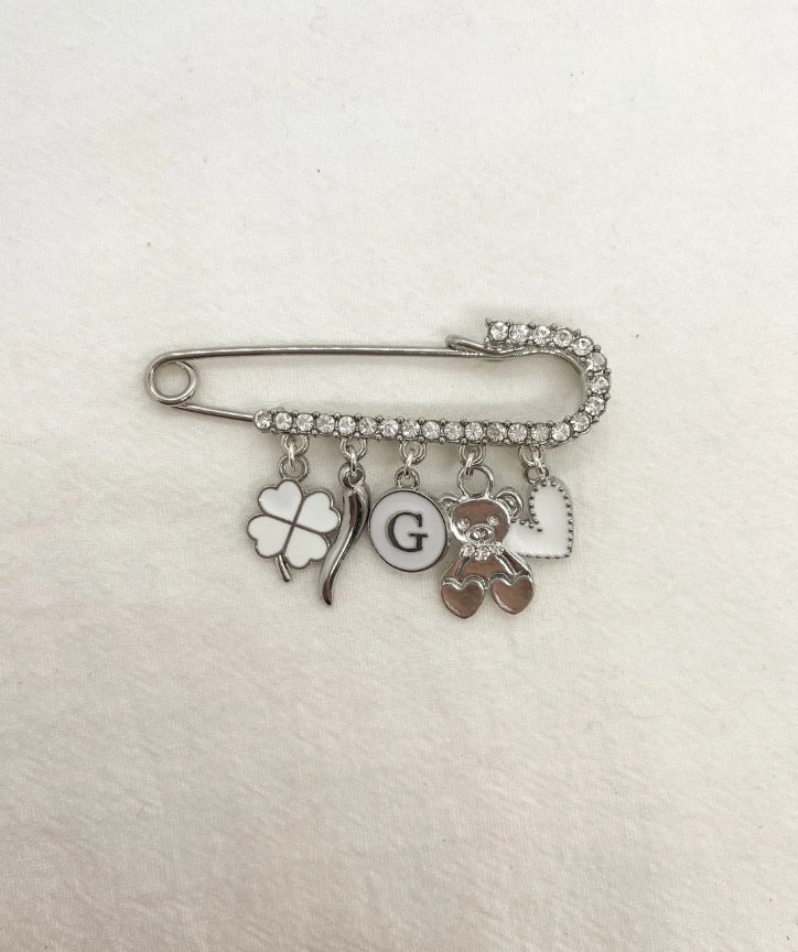 Large Silver Diamante Safety pin brooch - 5 loop