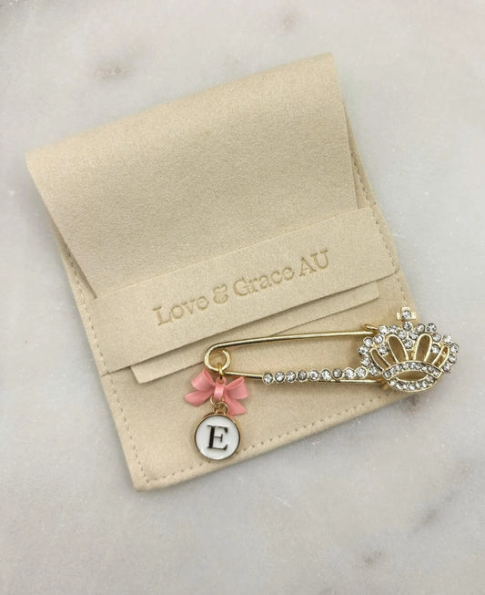 Gold Crown Diamante brooch personalised baby keepsake pin