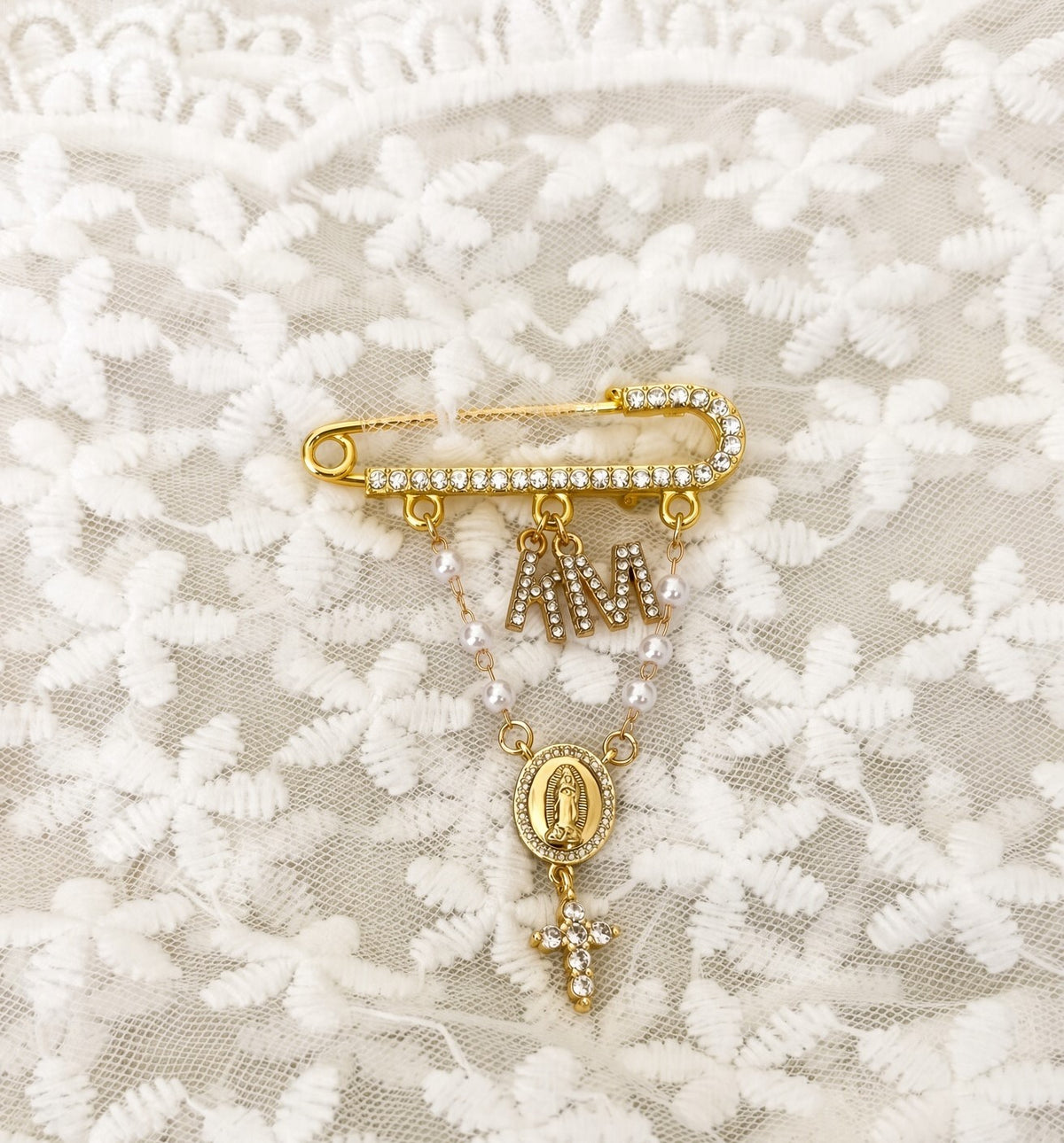 Wedding Bridal Bouquet charm; Religious cross and Virgin Mary Personalised Brooch gift